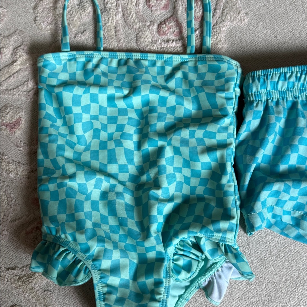 Checkered Kids One Piece Ruffle Swimsuit & Trunks